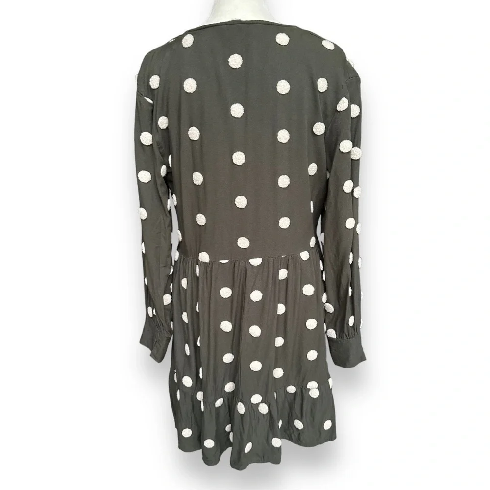 Zara Khaki Green Embroidered Polka Dot Long Sleeve Baby-Doll Dress | Medium - Picture 10 of 14